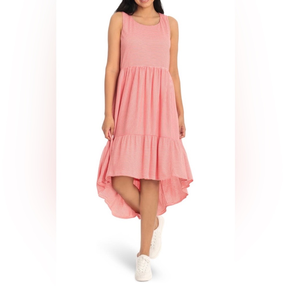London Times Coral Striped Tiered High Low Midi Dress Size 16